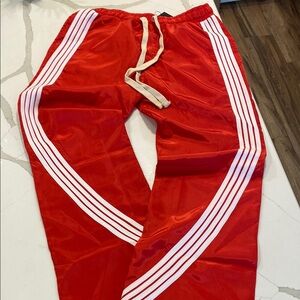 Red and White Nylon Pants with Racing Stripes